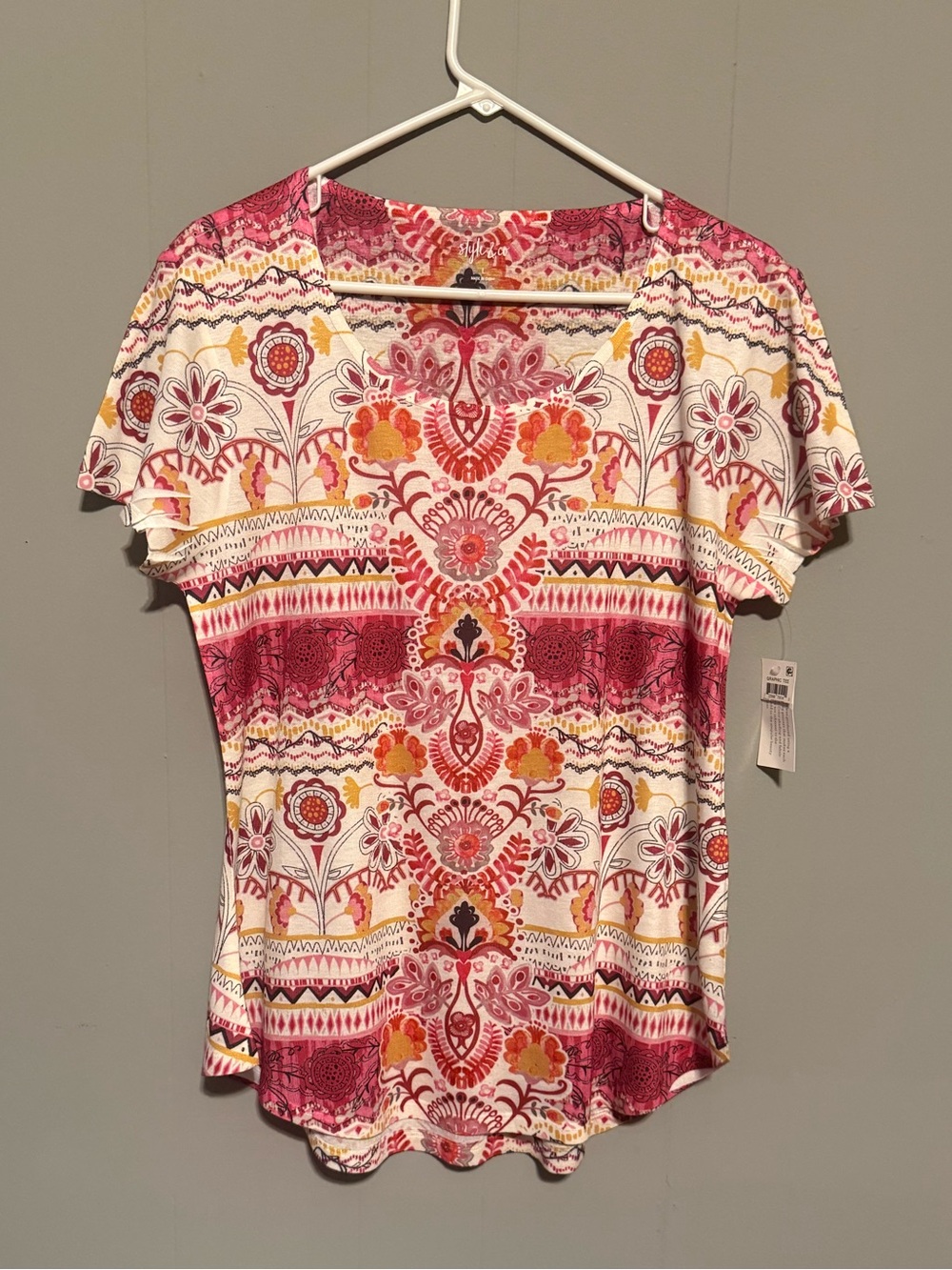 Womens V-Neck Short Sleeve Printed Top in Pink and Orange - Picture 3 of 7